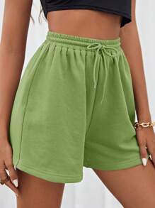 SHEIN EZwear 腰部抽繩貼布細節短褲 - 青檸色 - 查看 4