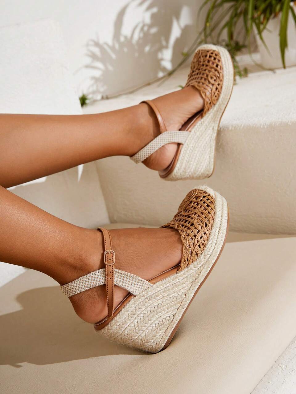 Women Espadrille Braid Detail Ankle Strap Court Wedges, Vacation Outdoor Wedge Shoes
