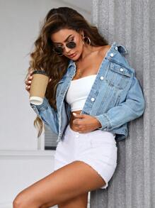 SHEIN Essnce 翻蓋口袋牛仔夾克 - 淺色水洗藍 - 查看 5