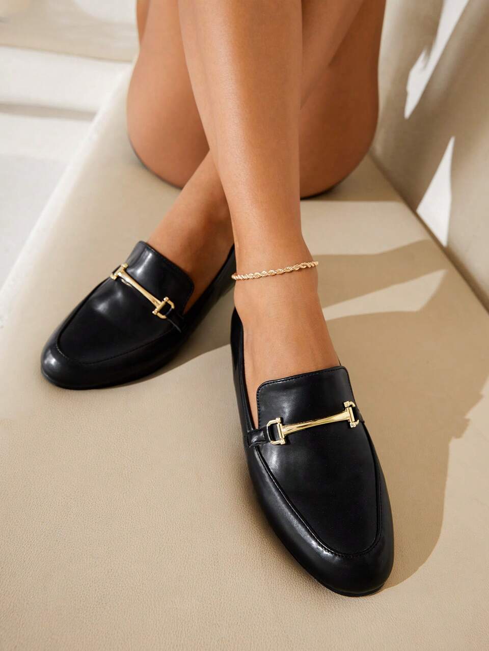 CUCCOO BIZCHIC Women Shoes Point Toe Metal Decor Elegant Outdoor Black Flats Loafers Vacation Shoes Summer