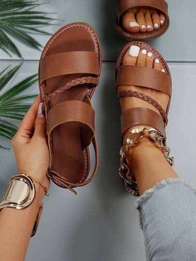 Sandalias planas de punta redonda, cómodas, minimalistas y sencillas, de punta abierta, tipo slip-on, para mujer de talla grande, estilo casual de moda para exterior y playa, esencial para verano y vacaciones