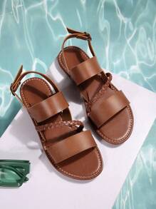 Plus Size Women Open Toe Comfort Minimal Simple Round Toe Flat Slip-On Sandals, Casual Fashion Outdoor Beach Style For Summer