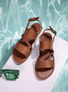 Plus Size Women Open Toe Comfort Minimal Simple Round Toe Flat Slip-On Sandals, Casual Fashion Outdoor Beach Style For Summer