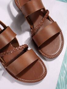 Plus Size Women Open Toe Comfort Minimal Simple Round Toe Flat Slip-On Sandals, Casual Fashion Outdoor Beach Style For Summer