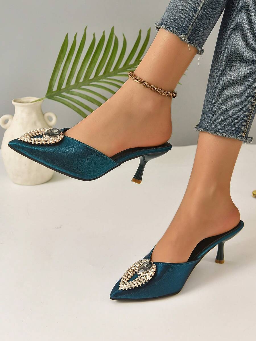 Giày cao gót quyến rũ dành cho nữ, Giày cao gót mũi nhọn kim tự tháp trang trí bằng kim cương giả Satin Mule - Màu xanh lá cây đậm - Xem 1