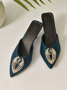 Giày cao gót quyến rũ dành cho nữ, Giày cao gót mũi nhọn kim tự tháp trang trí bằng kim cương giả Satin Mule - Màu xanh lá cây đậm - Xem 4