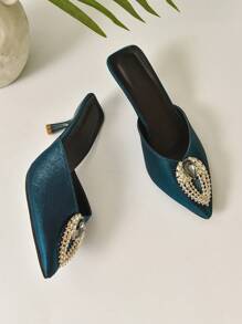 Giày cao gót quyến rũ dành cho nữ, Giày cao gót mũi nhọn kim tự tháp trang trí bằng kim cương giả Satin Mule - Màu xanh lá cây đậm - Xem 5