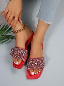 atractivo rojo Sandalias para con diseño de diamante de imitación y perla artificial Sandalias - Rojo - Ver 2