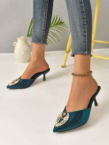 Giày cao gót quyến rũ dành cho nữ, Giày cao gót mũi nhọn kim tự tháp trang trí bằng kim cương giả Satin Mule - Màu xanh lá cây đậm - Xem 6