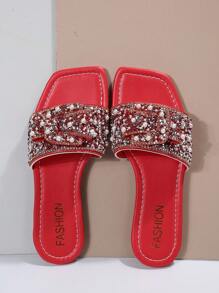 atractivo rojo Sandalias para con diseño de diamante de imitación y perla artificial Sandalias - Rojo - Ver 3