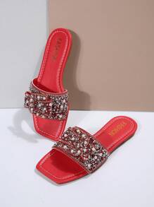 atractivo rojo Sandalias para con diseño de diamante de imitación y perla artificial Sandalias - Rojo - Ver 4