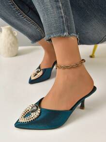Giày cao gót quyến rũ dành cho nữ, Giày cao gót mũi nhọn kim tự tháp trang trí bằng kim cương giả Satin Mule - Màu xanh lá cây đậm - Xem 8