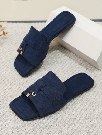Fashion Navy Blue Sandals For Women, Metal Decor Faux Suede Slide Sandals