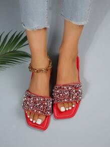 atractivo rojo Sandalias para con diseño de diamante de imitación y perla artificial Sandalias - Rojo - Ver 5