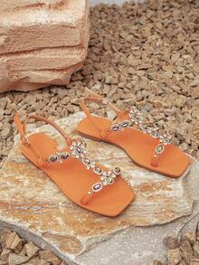 Glamorous Orange Sandals For Women, Rhinestone Decor Slingback Sandals - Orange - View 5