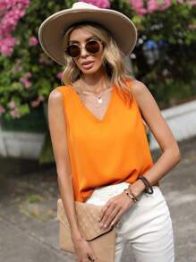 SHEIN LUNE 素色V領無袖襯衫 - 橘色 - 查看 1