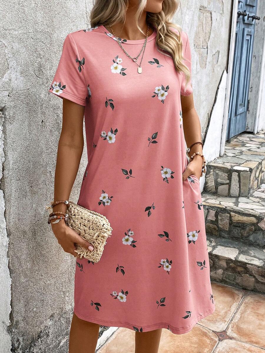 EMERY ROSE Vestido estilo camiseta con estampado floral con bolsillo oculto - Rosa vieja - Ver 1
