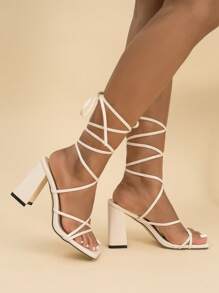 時尚淺褐色涼鞋適用於女士腿部繫帶設計粗跟綁帶涼鞋 - 米色 - 查看 5