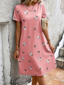 EMERY ROSE Vestido estilo camiseta con estampado floral con bolsillo oculto - Rosa vieja - Ver 5