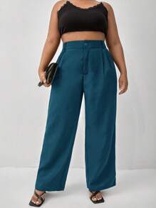 SHEIN Frenchy 大碼素色高腰拼接細節西裝褲 - 水鴨藍 - 查看 1