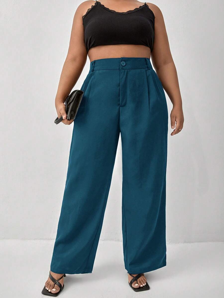 SHEIN Frenchy 大碼素色高腰拼接細節西裝褲 - 水鴨藍 - 查看 1