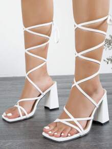 Fashion White Sandals For Women, Tie Leg Design Chunky Heeled Strappy Sandals - White - View 2