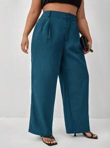 SHEIN Frenchy 大碼素色高腰拼接細節西裝褲 - 水鴨藍 - 查看 5