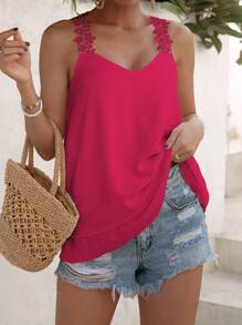 SHEIN LUNE Áo khoác và áo lót dành cho xe tăng nữ Tương phản ren Hoa Giải trí - Màu Hồng Tươi - Xem 5