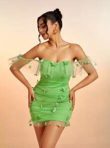 一字肩蝴蝶貼花褶邊網紗緊身連衣裙 - 綠色 - 查看 1