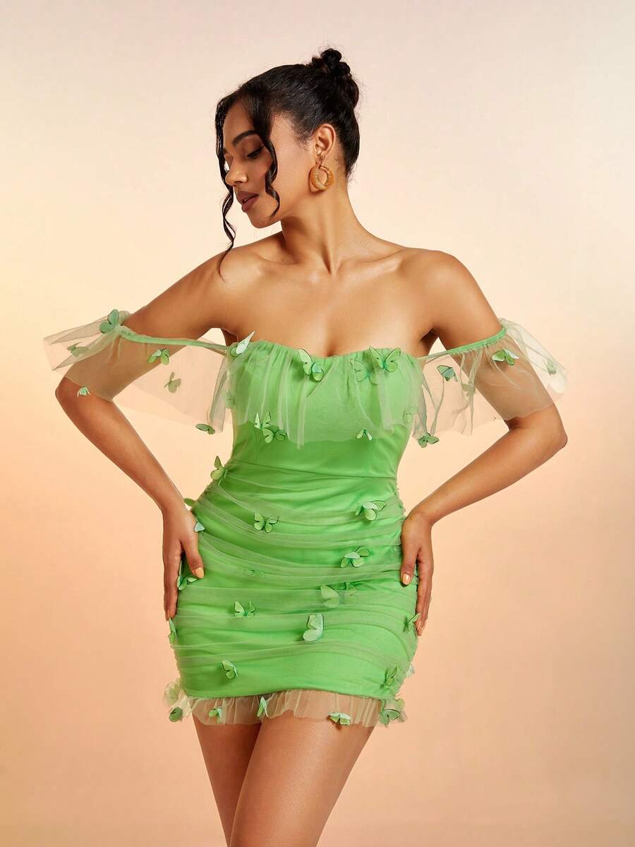 一字肩蝴蝶貼花褶邊網紗緊身連衣裙 - 綠色 - 查看 1