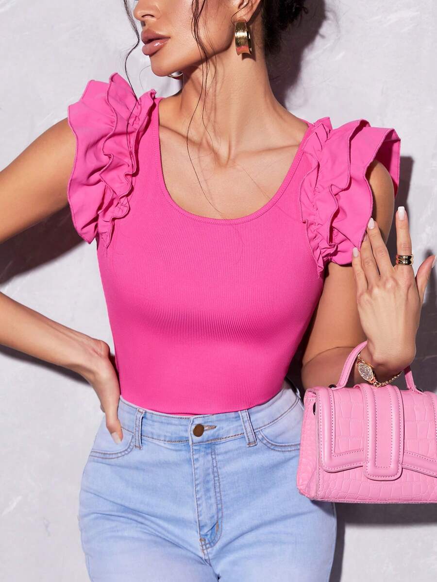 SHEIN Privé Spring Break Ruffle Trim Scoop Neck Butterfly Sleeve Peplum  Tee - Hot Pink - View 1