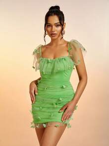 一字肩蝴蝶貼花褶邊網紗緊身連衣裙 - 綠色 - 查看 4