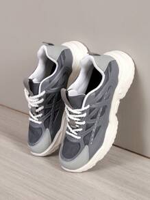 運動鞋適用於男士字母圖案前綁帶老爹鞋 - 深灰色 - 查看 4