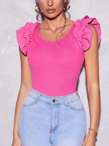 SHEIN Privé Spring Break Ruffle Trim Scoop Neck Butterfly Sleeve Peplum  Tee - Hot Pink - View 7