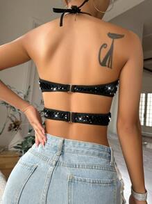Sequin Decor Tie Backless Halter Bralet - Black - View 2