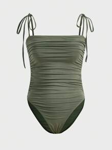 SHEIN EZwear Áo liền quần ôm nữ Thắt nút Xù màu trơn Giải trí - xanh quân đội - Xem 1