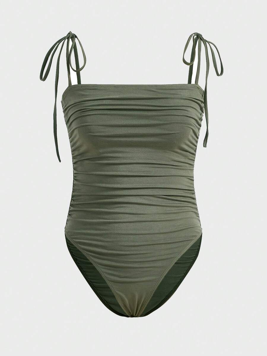 SHEIN EZwear Áo liền quần ôm nữ Thắt nút Xù màu trơn Giải trí - xanh quân đội - Xem 1