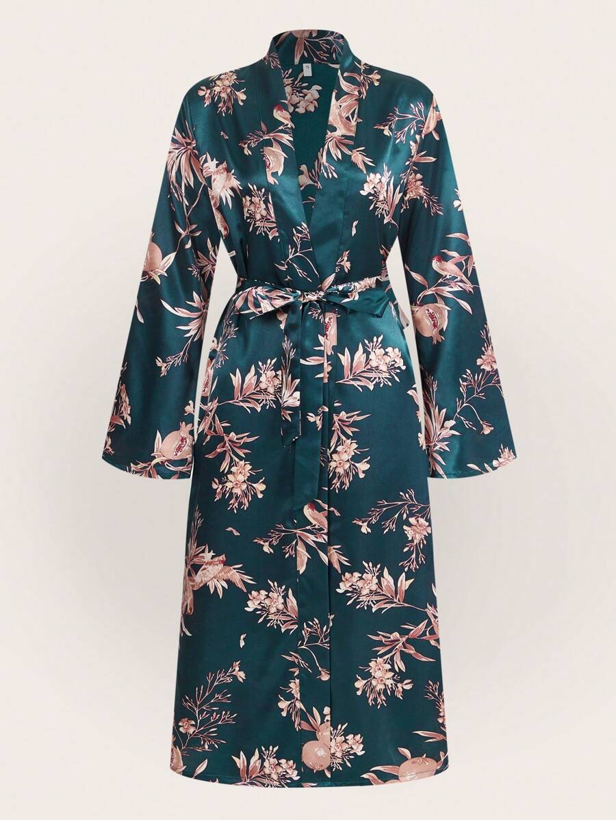 Áo choàng Nữ Thắt lưng Hoa Tất cả trên in - Màu xanh lá cây đậm - Xem 1