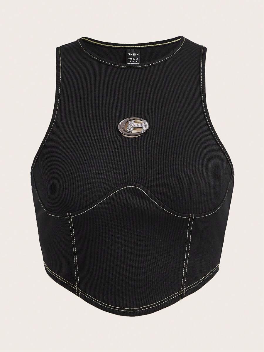 SHEIN ICON Solid Ribbed Knit Crop Tank Top - Black - View 1
