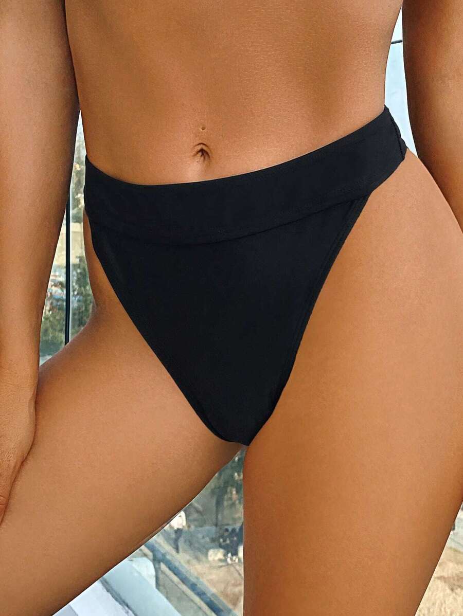 SHEIN Swim Summer Beach Solid High Waisted Bikini Bottom - Black - View 1