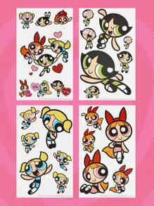 The Powerpuff Girls | ROMWE 4pcs/Set Cartoon Girl Print Sticker, School - Multicolor - View 1