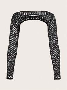 SHEIN ICON 时尚纯色渔网超短款黑色上衣