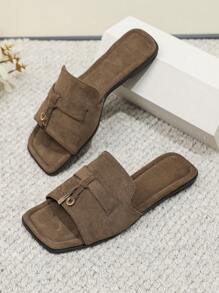 Elegant Coffee Brown Sandals For Women, Metal Decor Faux Suede Slide Sandals