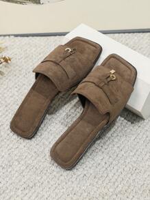 Elegant Coffee Brown Sandals For Women, Metal Decor Faux Suede Slide Sandals