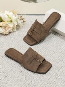 Elegant Coffee Brown Sandals For Women, Metal Decor Faux Suede Slide Sandals