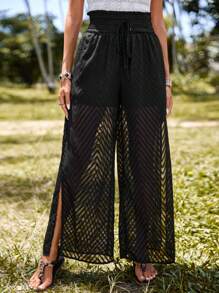 SHEIN LUNE Quần nữ Thắt nút Dải chun Chia màu trơn Giải trí - màu đen - Xem 3