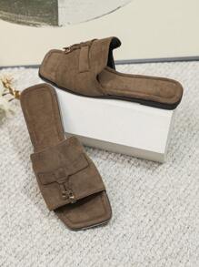 Elegant Coffee Brown Sandals For Women, Metal Decor Faux Suede Slide Sandals
