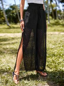 SHEIN LUNE Quần nữ Thắt nút Dải chun Chia màu trơn Giải trí - màu đen - Xem 4