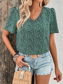 SHEIN LUNE Áo sơ mi nữ Họa tiết hoa Giải trí - màu xanh lá - Xem 6