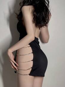SHEIN Chain Detail Backless Halter Nightdress - Black - View 2